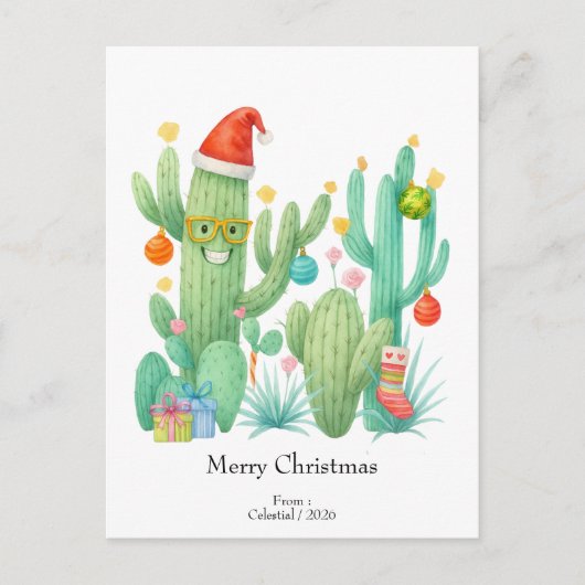 Weihnachtskaktus mit Weihnachtsmannmütze & Ornamen Postkarte (Vorderseite)