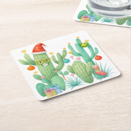Weihnachtskaktus mit Weihnachtsmannmütze & Ornamen Rechteckiger Pappuntersetzer (angewinkelt)