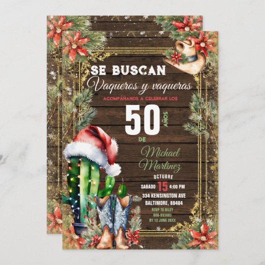 Weihnachtskaktus Spanisch 50 Años Vaquero Geburtst Einladung (Vorne/Hinten)