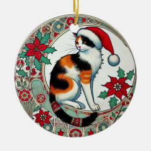 Weihnachtskalico Cat Santa Keramik Ornament