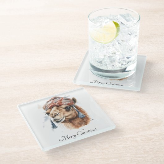 Weihnachtskamel, anpassbar glasuntersetzer (Schrägansicht)