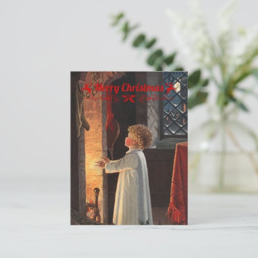 Weihnachtskamin, Strümpfe und Kind Feiertagspostkarte (Stehend Vorderseite)