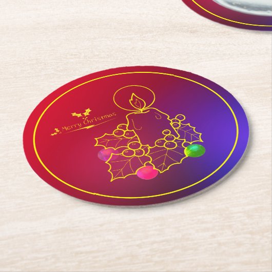 Weihnachtskandle Holly Line Zeichnend Red & Blue Runder Pappuntersetzer (Angewinkelt)