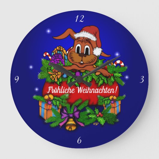 Weihnachtskaninchen , Fröhliche Weihnachten! Große Wanduhr (Vorderseite)