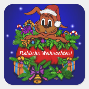 Weihnachtskaninchen , Fröhliche Weihnachten! Quadratischer Aufkleber