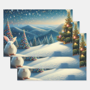 Weihnachtskaninchen mit verziertem Weihnachtsbaum Geschenkpapier Set
