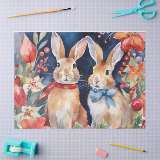 Weihnachtskaninchen Rote Gold Blüten Seidenpapier (Basteln)