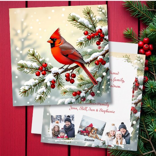 Weihnachtskardinal auf Kiefernzweig personalisiert Feiertagskarte