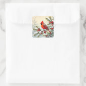 Weihnachtskardinal auf schneebedecktem Kiefernzwei Quadratischer Aufkleber (Tasche)
