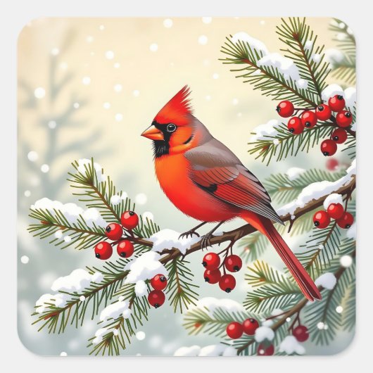Weihnachtskardinal auf schneebedecktem Kiefernzwei Quadratischer Aufkleber (Vorderseite)