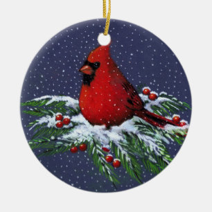 WEIHNACHTSKardinal: VOGEL: SCHNEE: KUNST Keramikornament
