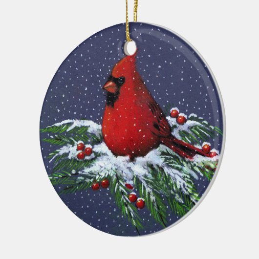 WEIHNACHTSKardinal: VOGEL: SCHNEE: KUNST Keramikornament (Links)