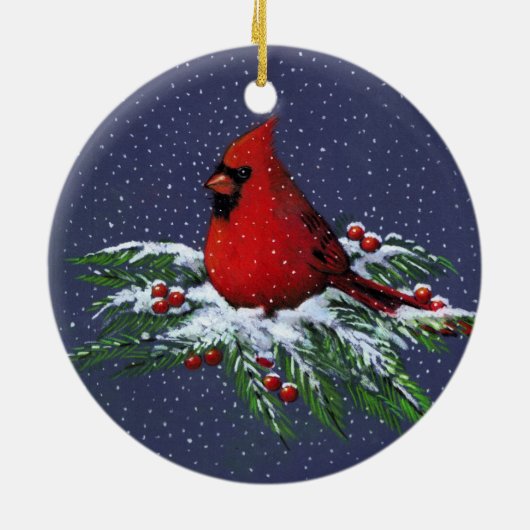 WEIHNACHTSKardinal: VOGEL: SCHNEE: KUNST Keramikornament (Hinten)