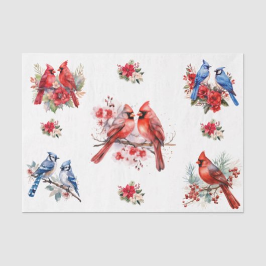 Weihnachtskardinäle Blaue Vögel Elemente Decoupage Seidenpapier (Vorderseite)
