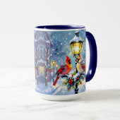 Weihnachtskardinäle und schneebedeckte Laterne Tasse (VorderseiteRechts)