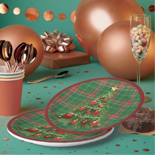 Weihnachtskariert Grün, Rot mit Gold Pappteller (Multi)