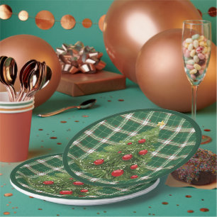 Weihnachtskariert Grün, Weiß, mit Rot, Gold Pappteller