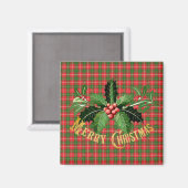 Weihnachtskariert Rot Grün mit Kranz Magnet (Vorderseite/Rückseite)