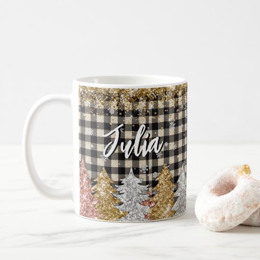 Weihnachtskariert und Glitter mit Namen Kaffeetasse (Mit Donut)