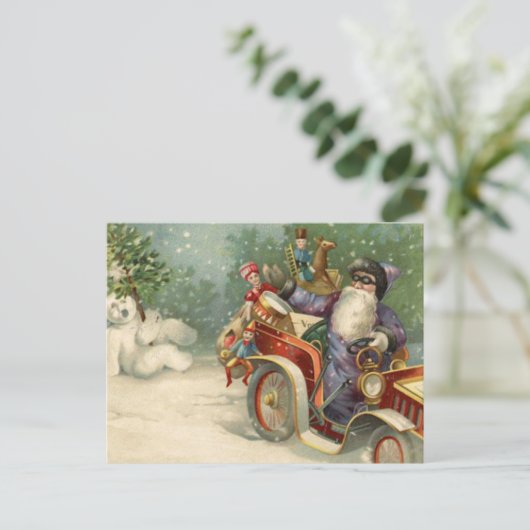 Weihnachtskarte | Auto Santa Vintage Snowman Feiertagspostkarte (Stehend Vorderseite)