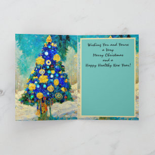 Weihnachtskarte blaue und goldene Bäume Klimt stil Karte