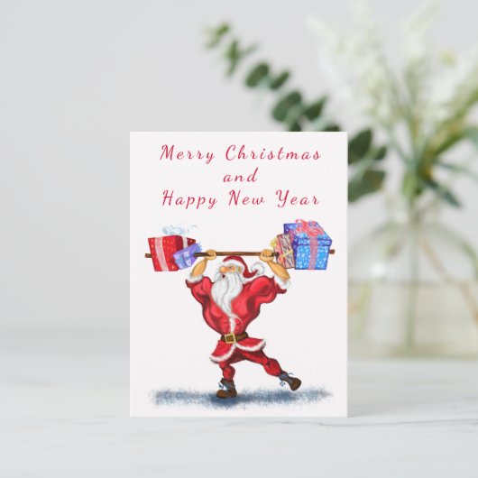 Weihnachtskarte Bodybuilder Santa Fun Postkarte (Stehend Vorderseite)