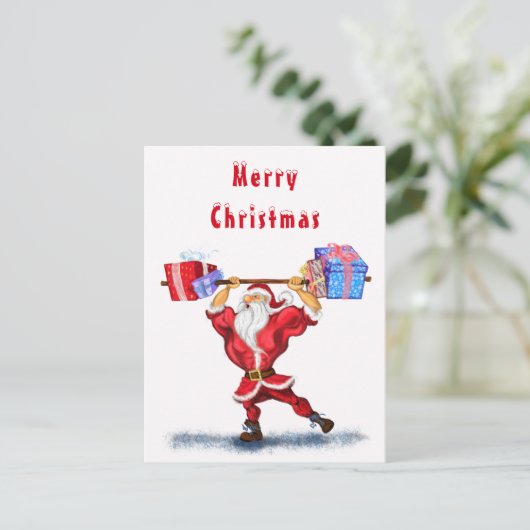 Weihnachtskarte Bodybuilder Santa mit Geschenken Postkarte (Stehend Vorderseite)