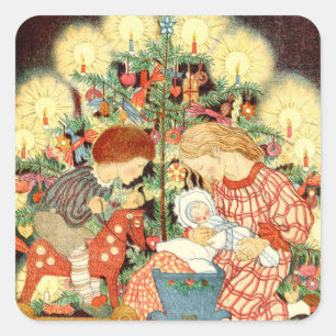 Weihnachtskarte   Christmas Tree Children G Quadratischer Aufkleber