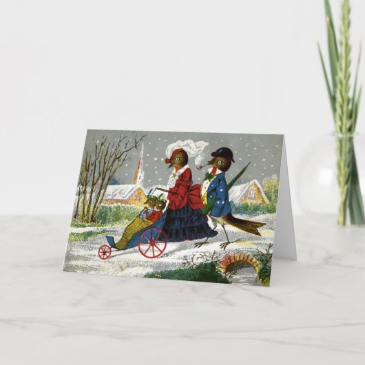 Weihnachtskarte der Vintagen Vogelfamilie Feiertagskarte (Vorderseite)