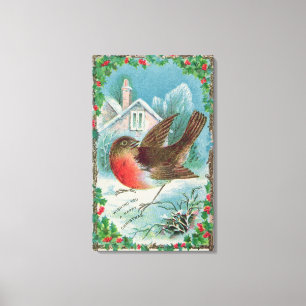 Weihnachtskarte, die ein Rotkehlchen darstellt Leinwanddruck