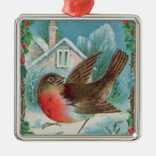 Weihnachtskarte, die ein Rotkehlchen darstellt Silbernes Ornament