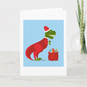 Weihnachtskarte Dinosaurier mit Weihnachtsmannmütz Karte