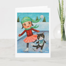 Weihnachtskarte Girl & Cat Ice Skaten Wintercard Feiertagskarte