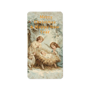 Weihnachtskarte mit Baby Jesus in einer Krippe und Adressaufkleber