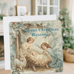 Weihnachtskarte mit Baby Jesus in einer Krippe und Feiertagskarte