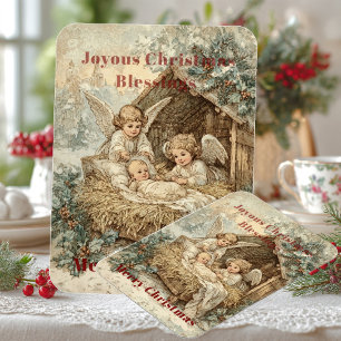Weihnachtskarte mit Baby Jesus in einer Krippe und Magnet