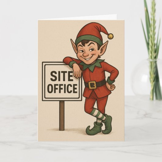 Weihnachtskarte mit Bau-Thema Elf lehnt sich an Karte (Vorderseite)