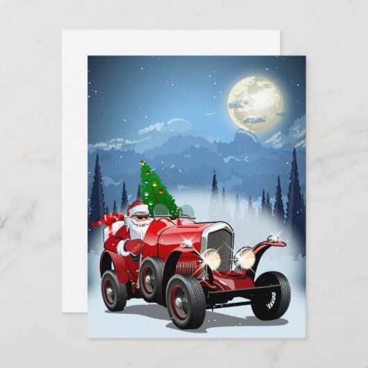 Weihnachtskarte mit Cartoon Retroauto & cool Santa (Vorne/Hinten)