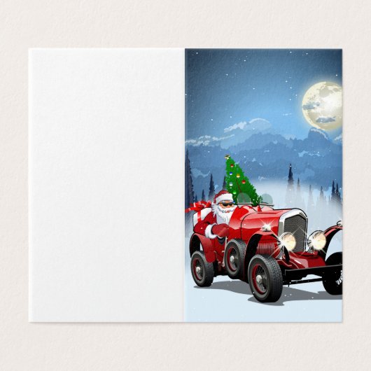 Weihnachtskarte mit Cartoon Retroauto & cool Santa (Außenseite Aufgefaltet)