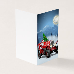 Weihnachtskarte mit Cartoon Retroauto & cool Santa