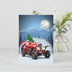 Weihnachtskarte mit Cartoon Retroauto & cool Santa