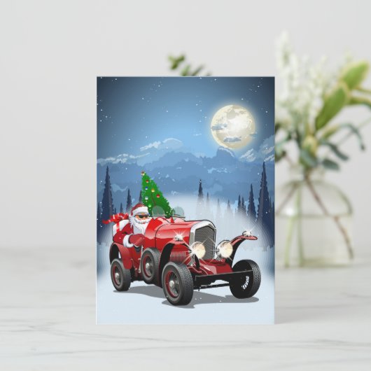 Weihnachtskarte mit Cartoon Retroauto & cool Santa (Stehend Vorderseite)