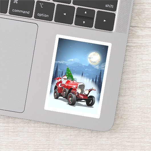 Weihnachtskarte mit Cartoon Retroauto & cool Santa Aufkleber (Detail)