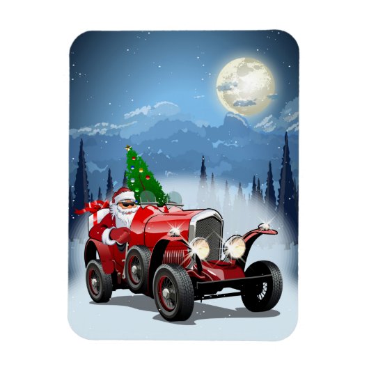 Weihnachtskarte mit Cartoon Retroauto & cool Santa Magnet (Vertikal)