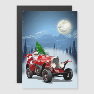 Weihnachtskarte mit Cartoon Retroauto & cool Santa Magnetkarte