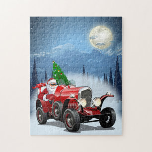 Weihnachtskarte mit Cartoon Retroauto & cool Santa Puzzle