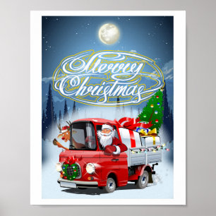 Weihnachtskarte mit Cartoon-Santa-LKW Poster