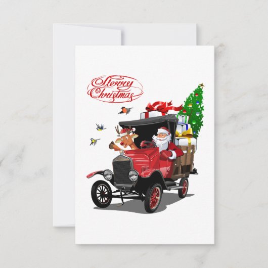 Weihnachtskarte mit Cartoon Santa und Hirsche (Vorderseite)