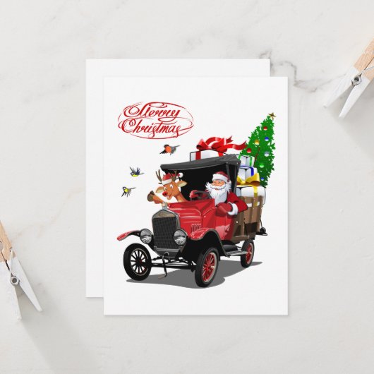 Weihnachtskarte mit Cartoon Santa und Hirsche (Vorderseite/Rückseite Beispiel)