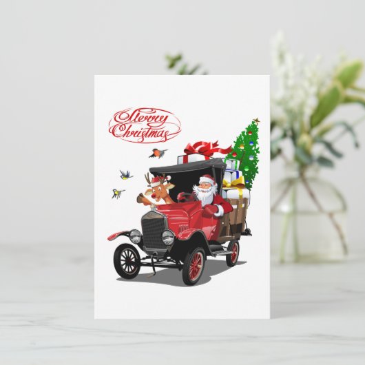 Weihnachtskarte mit Cartoon Santa und Hirsche (Stehend Vorderseite)